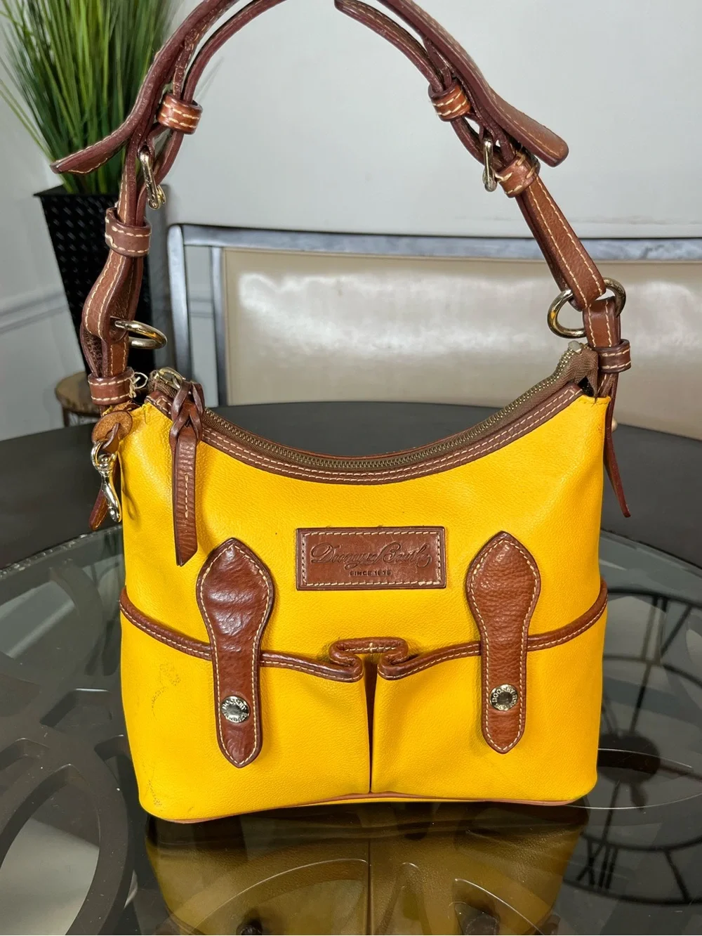 Y2K Dooney & Bourke Hobo Bag Pebble Grain Lucy Mustard Leather Brown Yellow